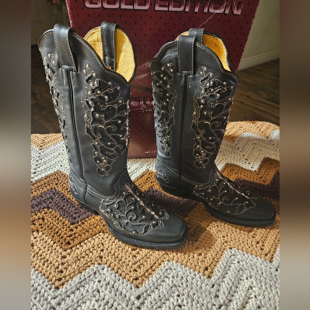 Innovation Womens Glittered Inlay & Studs Black Square Toe Cowboy Boots